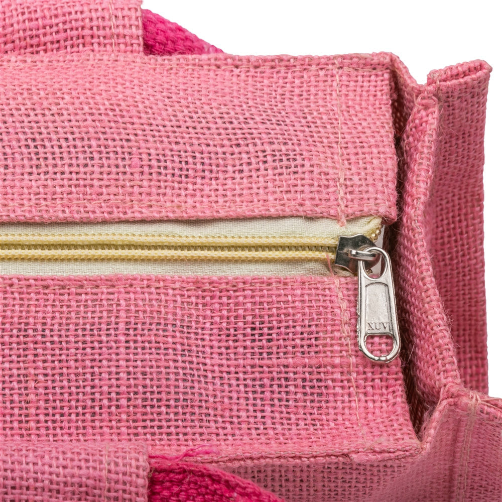 Pink jute window hamper bag — zip detail