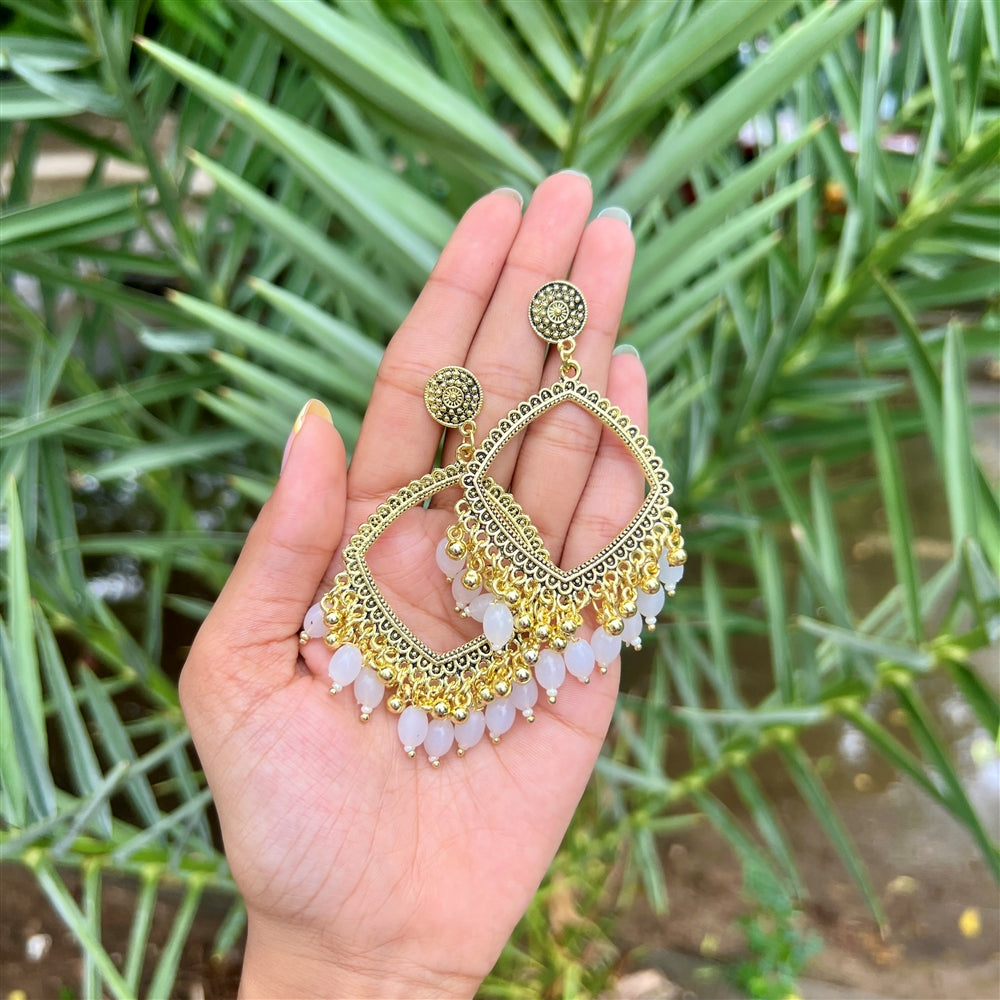Golden Diamond-Shaped Jhumka Earrings with White Beads