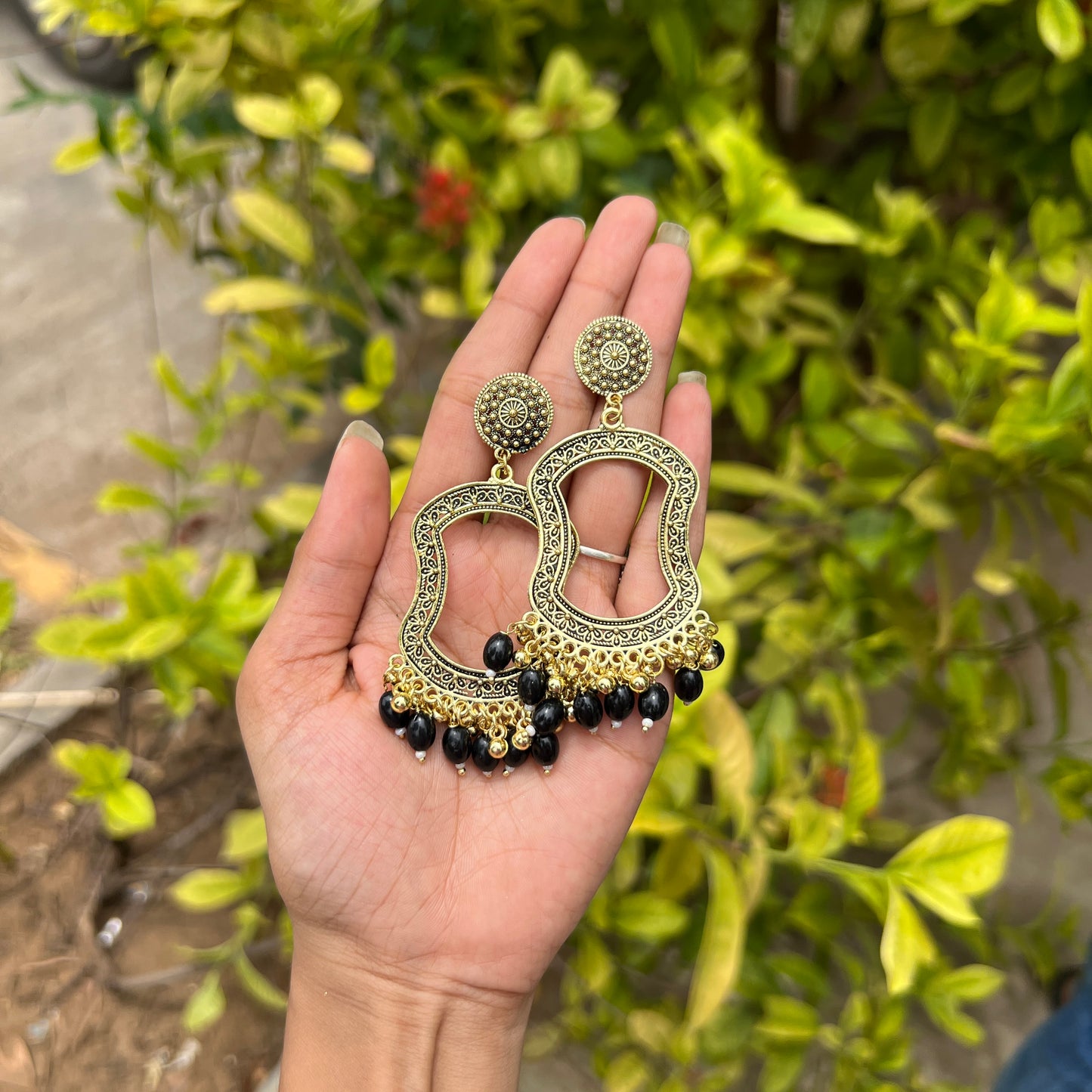 Mughal Frame Jhumka Earrings Black Beads