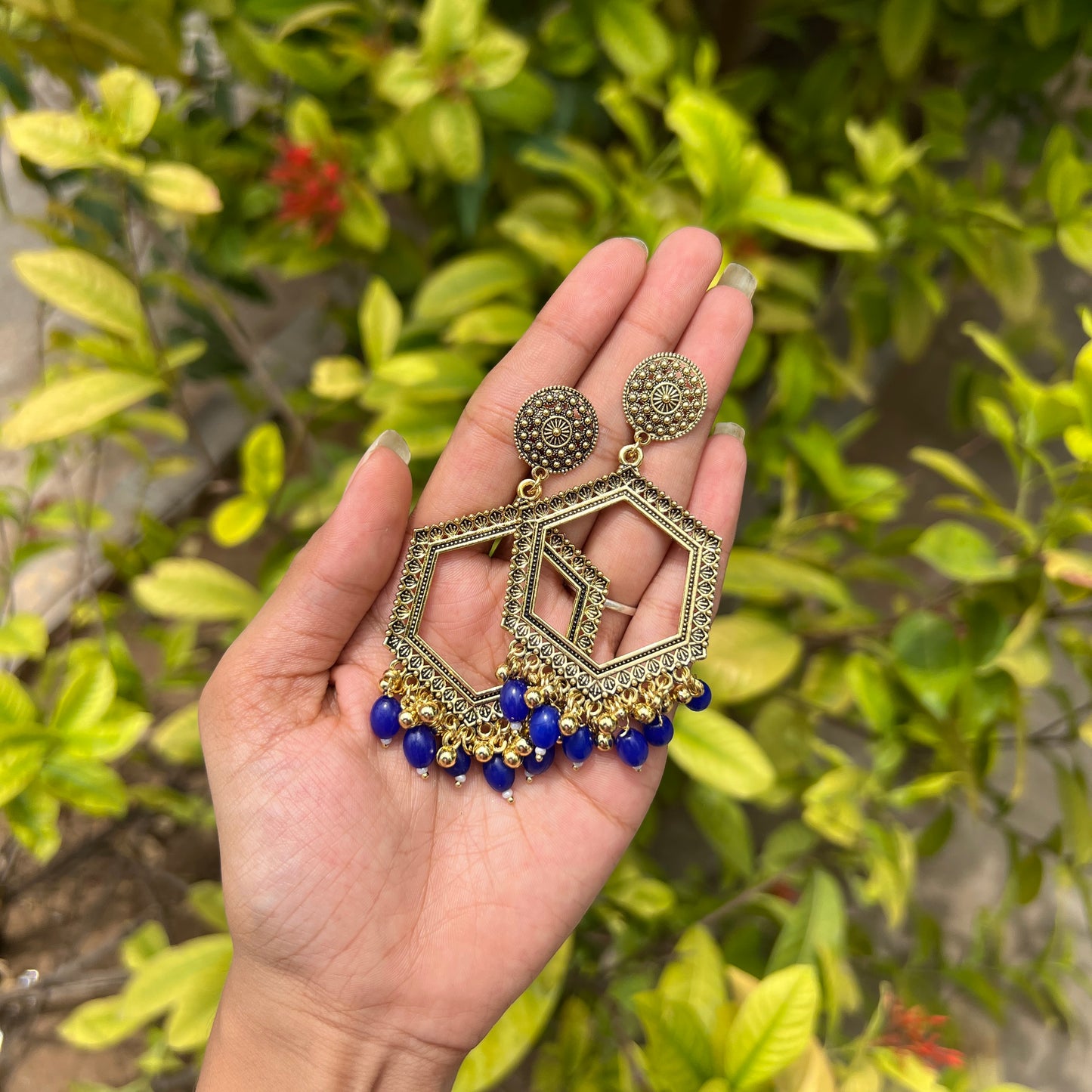 Hexagon Jhumka Earrings Royal Blue Beads