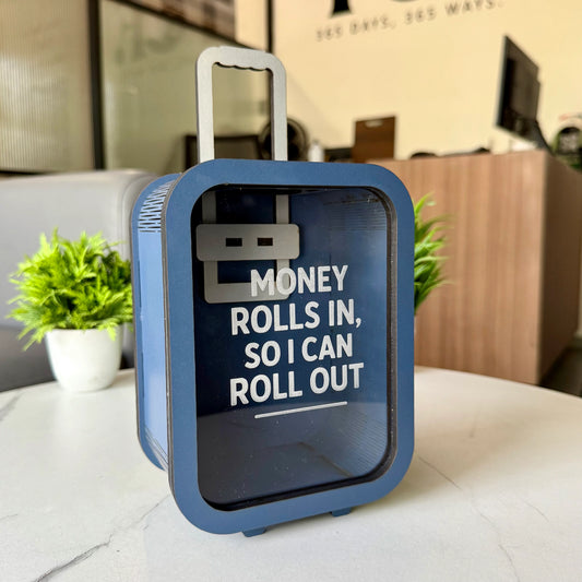 Rolling Suitcase Piggy Bank – “Money Rolls In” Quote Coin Box (Openable)