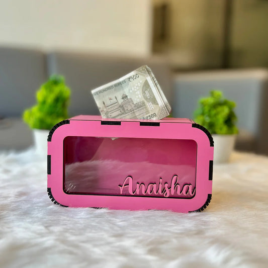 Break to Open Custom Name Piggy Bank – Clear Front Money Box (MDF + Acrylic)