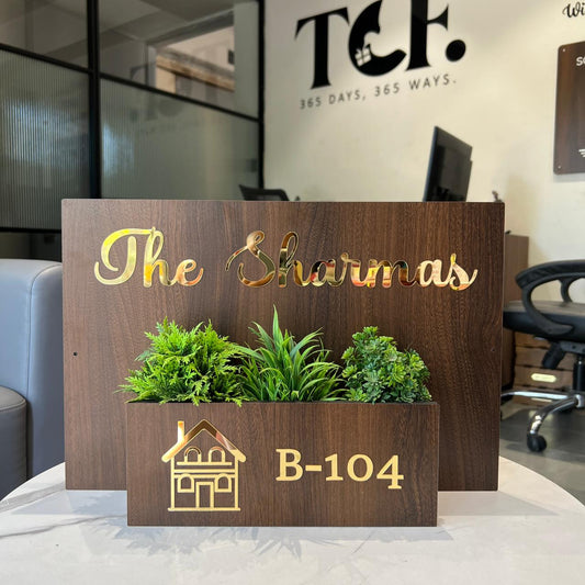 Personalized Wooden Name Plate for Home - 12x18 Inch MDF with Acrylic Letters & Integrated Planter