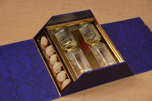 Royal Blue Acrylic Diwali Hamper Box – 4 Jar Luxury Gift Packaging