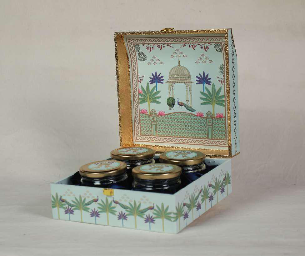 Mor Pinch – Elegant Peacock Motif Gift Box with 4 Salsa Jars