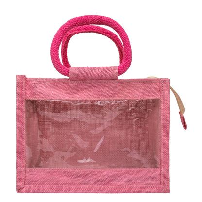 Pink jute window hamper bag — front view