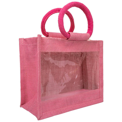 Pink jute window hamper bag — angled view