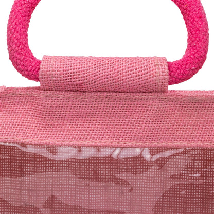 Pink jute window hamper bag — handle detail
