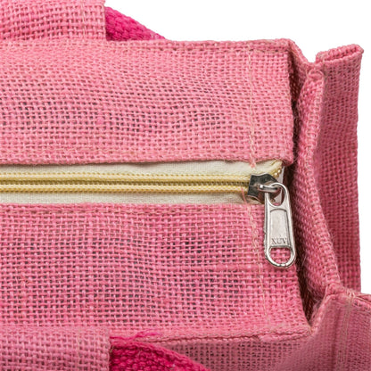 Pink jute window hamper bag — zip detail