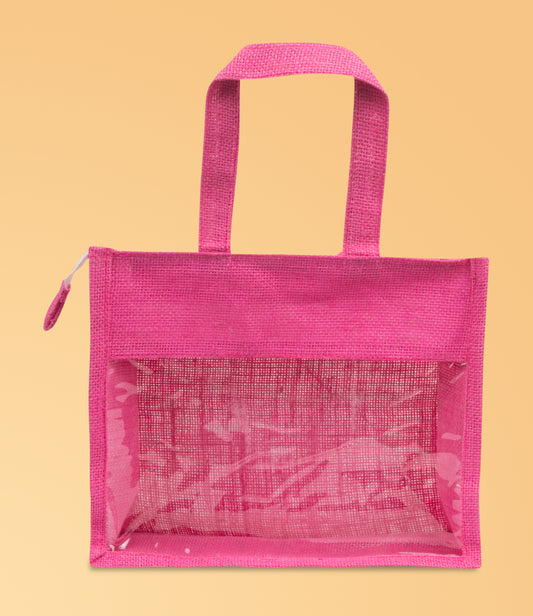 Window Jute Bag With Zip | Pink | 12x10x5 Inch (Free Delivery)