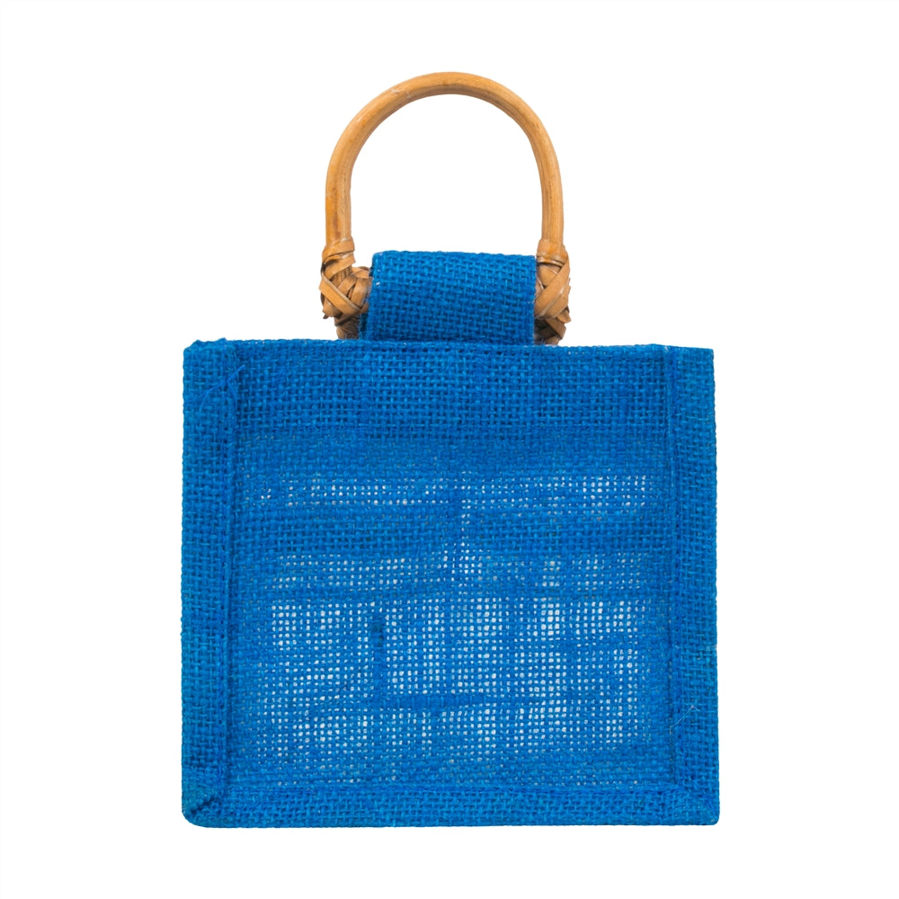 Jute window bag for two 190 ml jars — Blue back view