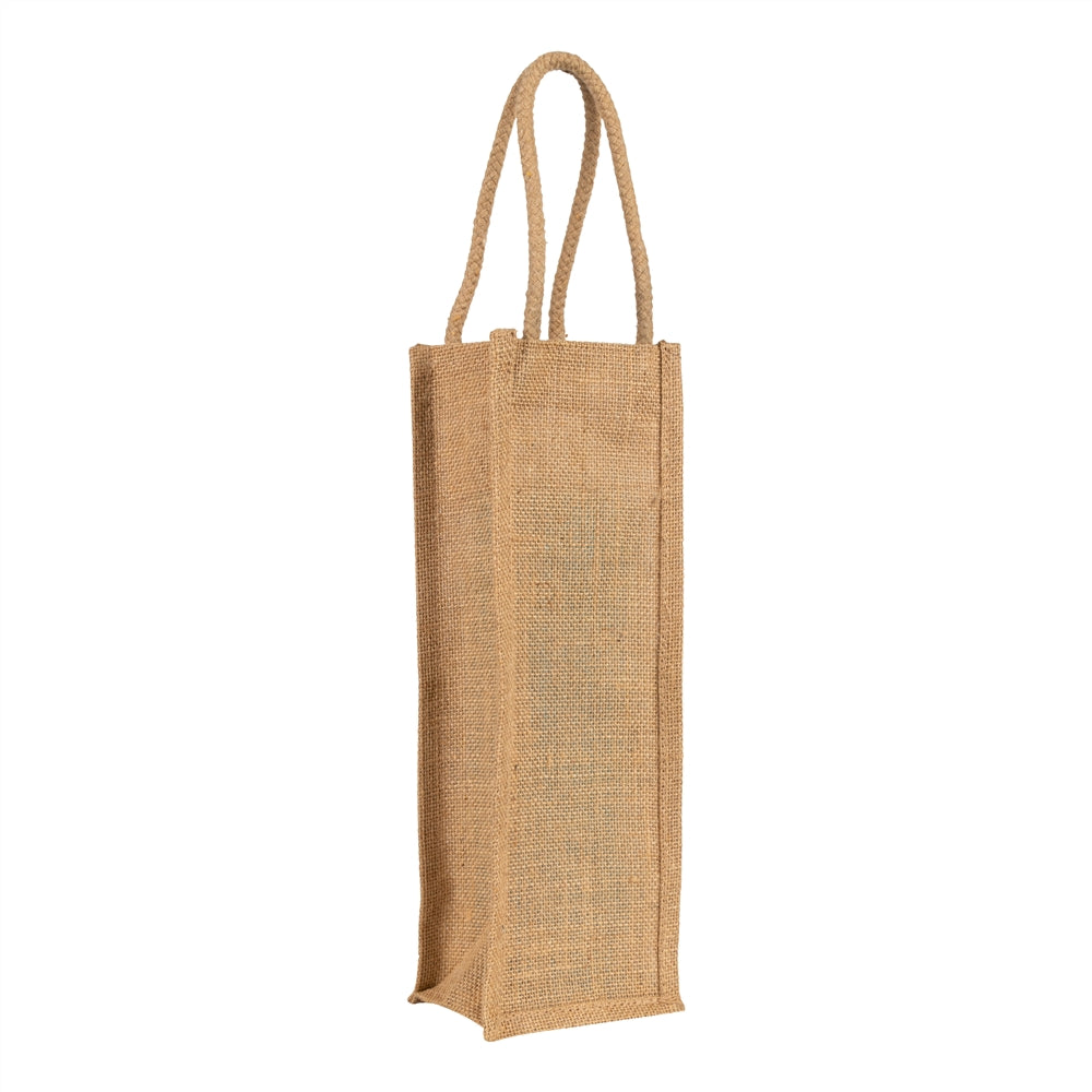 Standard natural jute bottle bag, angled view