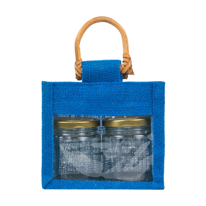 Jute window bag for two 190 ml jars — Blue front view