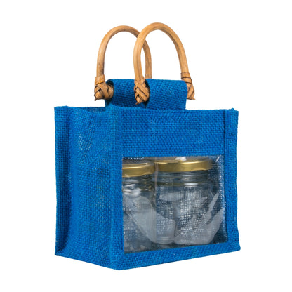 Jute window bag for two 190 ml jars — Blue angled view