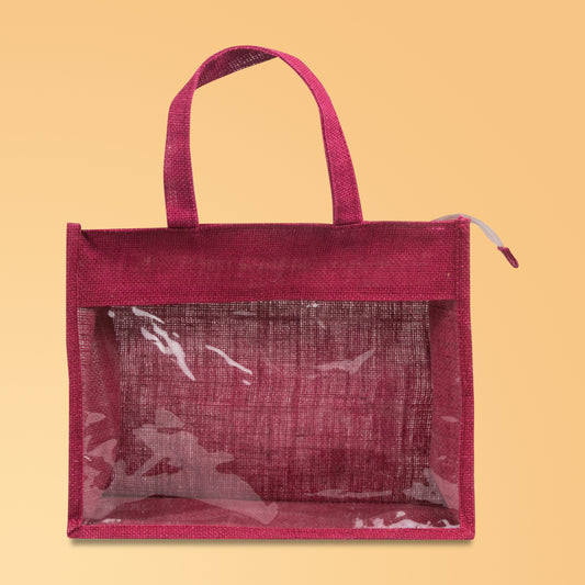 Window Jute Bag With Zip | Maroon | 14x12x5 Inch (Free Delivery)