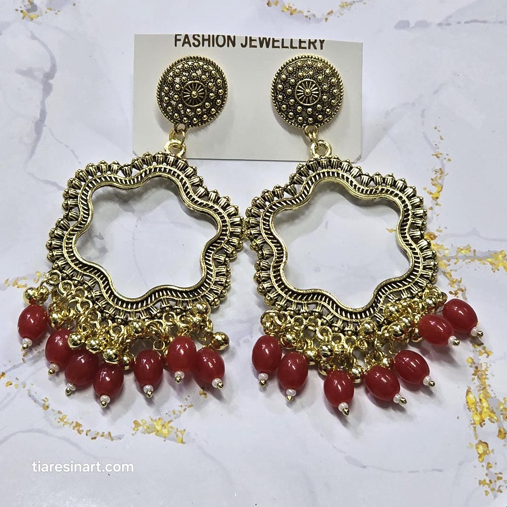 Jhumka Earring Bezels Golden - Red Moti For Resin Art (242)