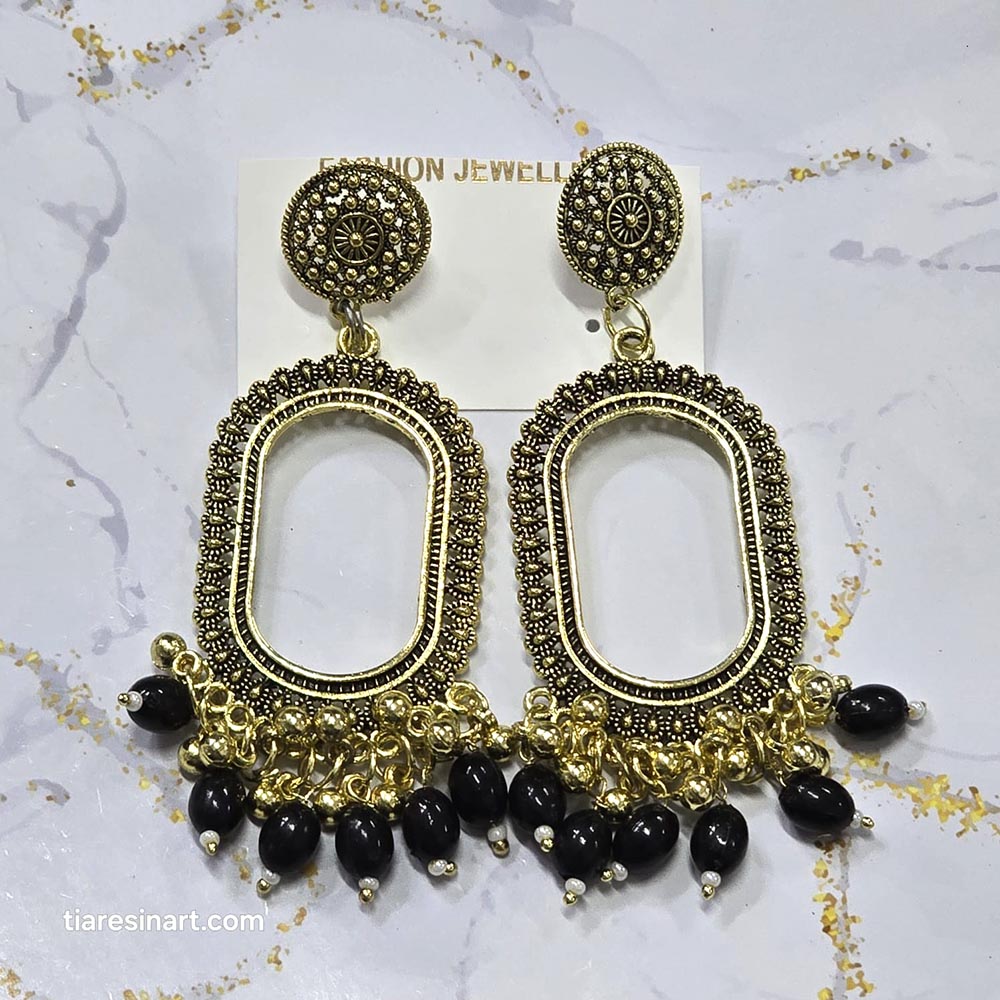 Jhumka Earring Bezels Golden - Black Moti For Resin Art (270)