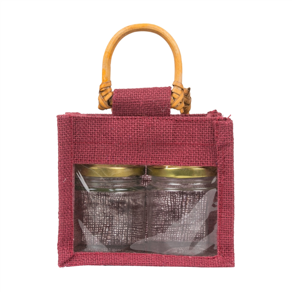 Jute window bag for two 190 ml jars — Maroon front view