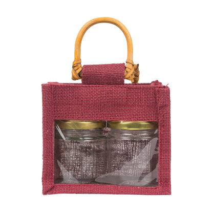 Jute window bag for two 190 ml jars — Maroon front view