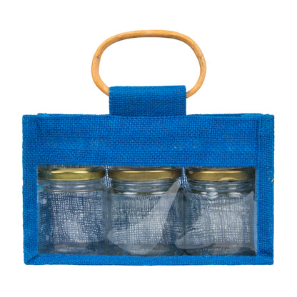 Jute window bag for three 190 ml jars — Blue front view