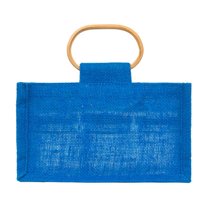 Jute window bag for three 190 ml jars — Blue back view