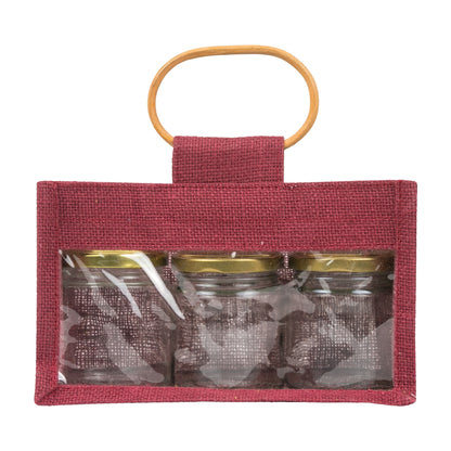Jute window bag for three 190 ml jars — Maroon front view