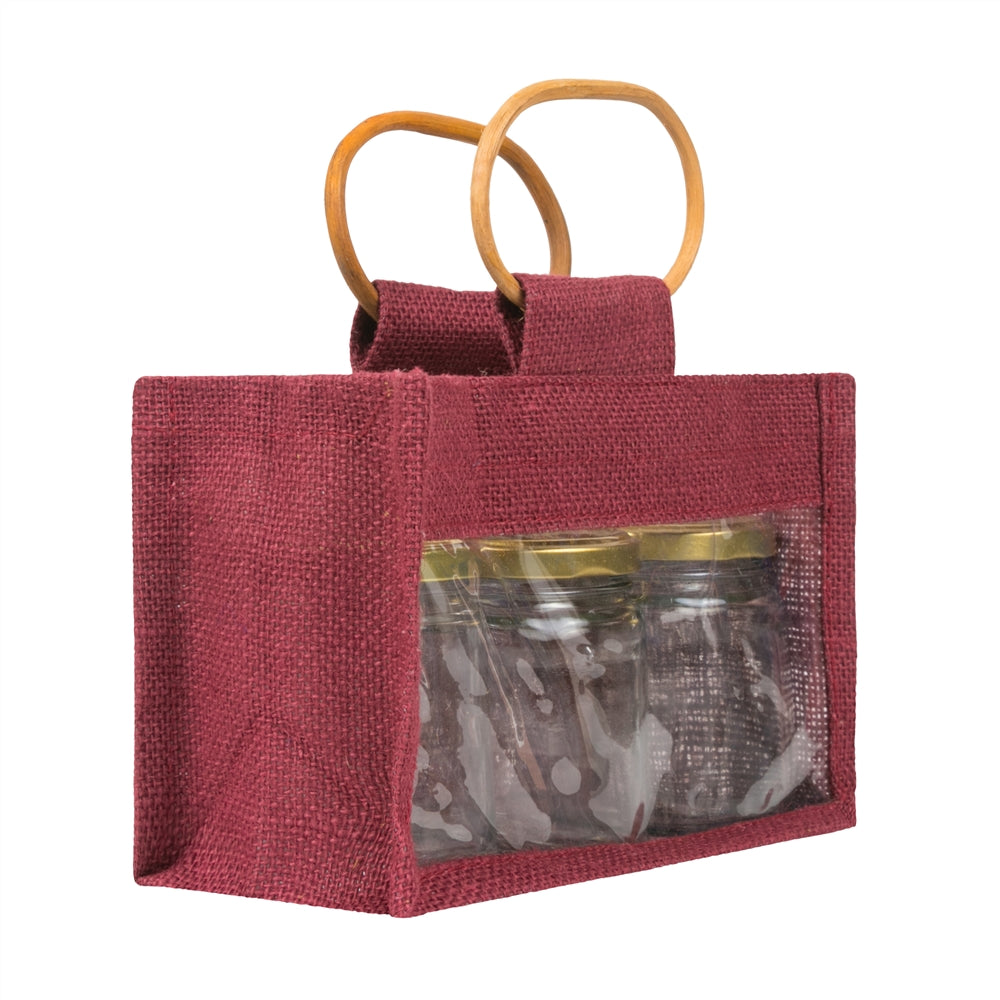 Jute window bag for three 190 ml jars — Maroon angled view