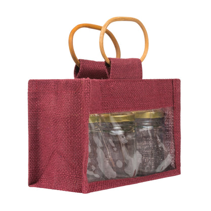 Jute window bag for three 190 ml jars — Maroon angled view