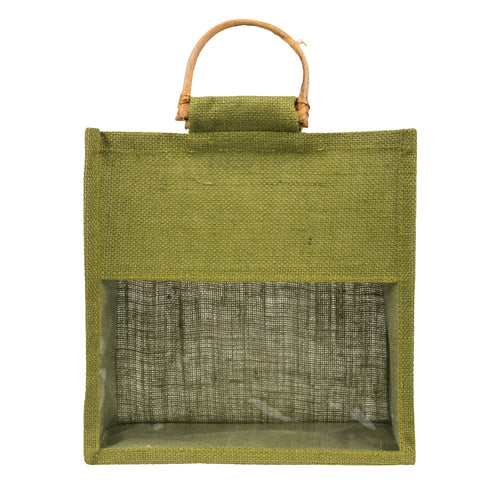 10x10x5 inch Window Jute Hamper Bag – Without Zip, Olive Green, Cane Handle