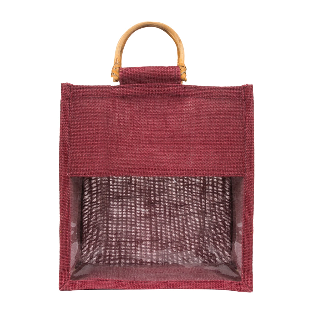 10x10x5 inch Window Jute Hamper Bag – Without Zip, Maroon, Cane Handle