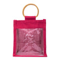 Zute.co Hot Pink Jute Window Gift Bag with Wooden Ring Handle | 7x6x3.5 Inch Premium Hamper Bag