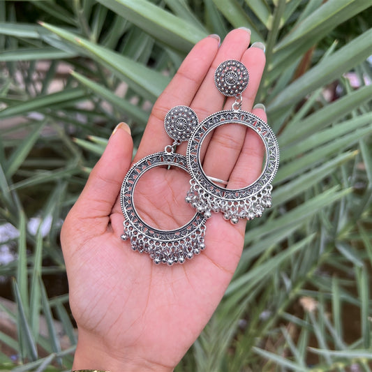 Antique Silver Circular Jhumka Earrings with Ghungroo Drops