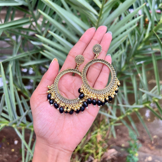 Ethnic Gold-Toned Round Jhumkas with Black Beads