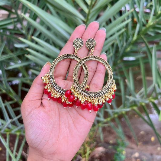 Gold-Plated Round Jhumkas with Red Beads
