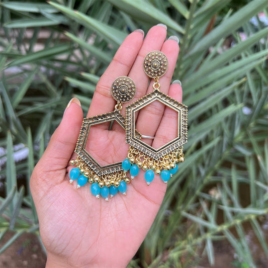 Hexagon Statement Jhumka Earrings with Blue Beads