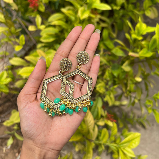 Hexagon Jhumka Earrings Green Beads