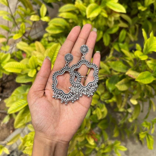 Floral Oxidised Jhumka Earrings – Silver Finish