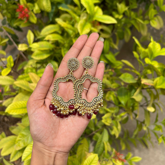 Floral Frame Jhumka Earrings Maroon Beads