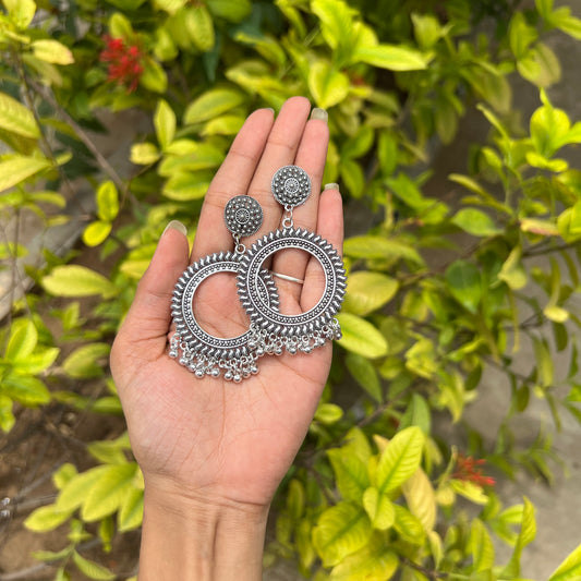 Silver Oxidized Sunburst Circle Earrings