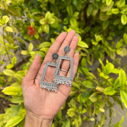 Silver Oxidized Frame Rectangle Earrings