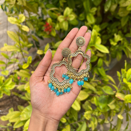 Floral Frame Jhumka Earrings Sky Blue Beads