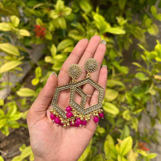 Hexagon Jhumka Earrings Rani Pink Beads