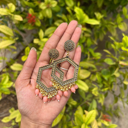 Hexagon Jhumka Earrings Peach Beads