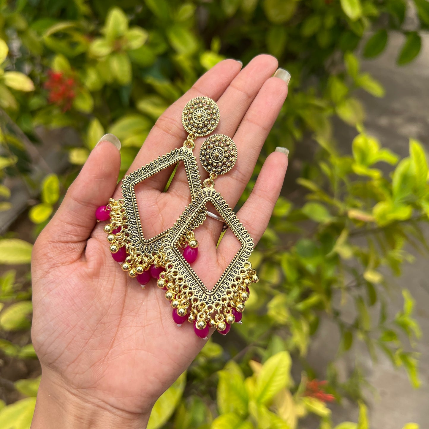 Diamond Frame Jhumka Earrings – Rani Pink Beads