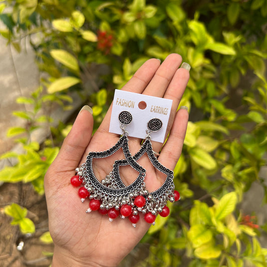 Oxidised Red Beaded Jhumka Earrings