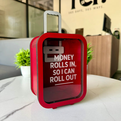 Rolling Suitcase Piggy Bank – “Money Rolls In” Quote Coin Box (Openable)