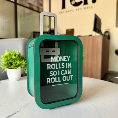 Rolling Suitcase Piggy Bank – “Money Rolls In” Quote Coin Box (Openable)