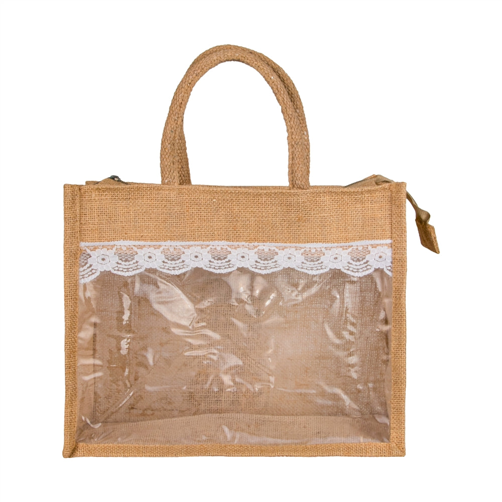 Natural brown lace window jute hamper bag — front view