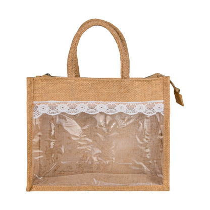Natural brown lace window jute hamper bag — front view