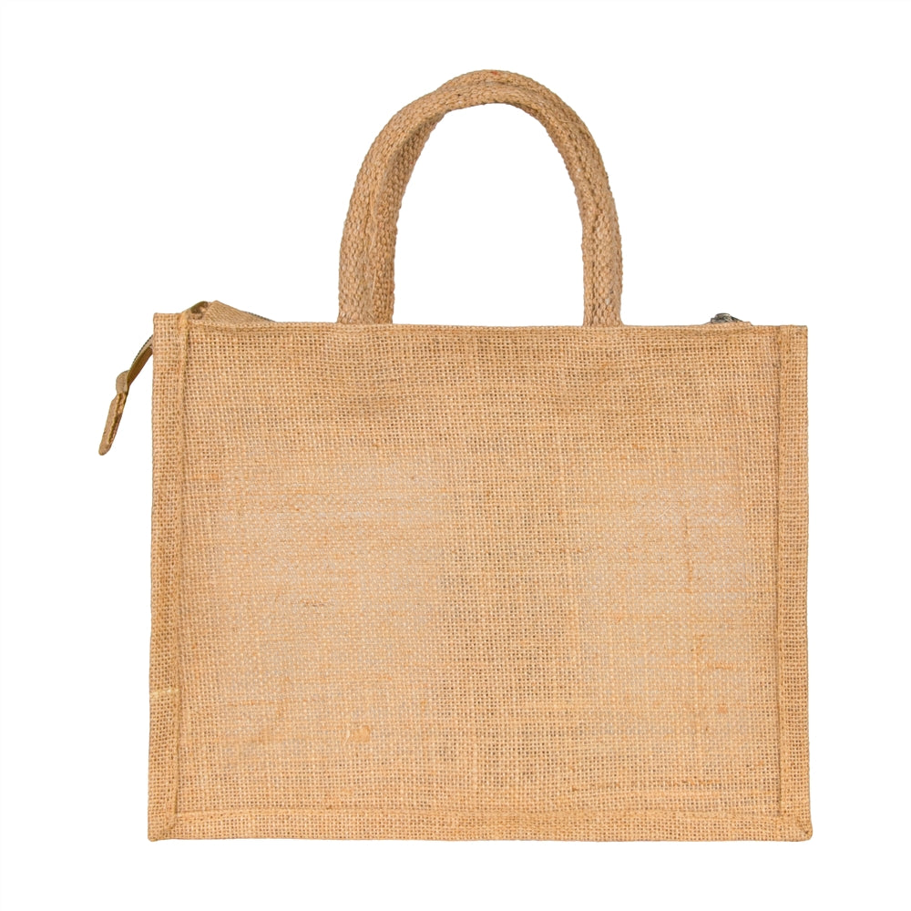 Natural brown lace window jute hamper bag — back view